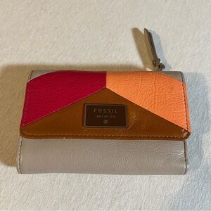 FOSSIL Cowhide Leather Trifold Color-block Wallet- Grey, Hot Pink, Peach, Brown